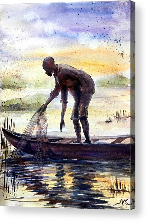 Fisherman Acrylic Print featuring the painting The fisherman #1 by Katerina Kovatcheva