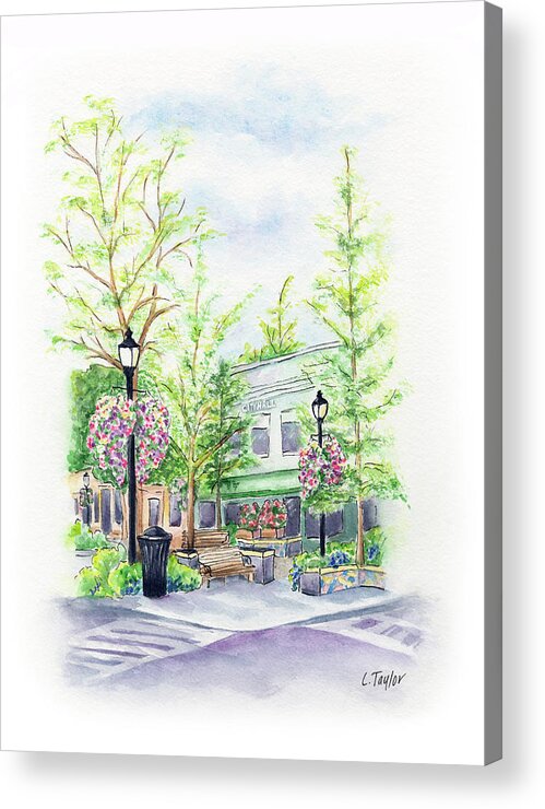 Small Town Acrylic Print featuring the painting Across the Plaza by Lori Taylor