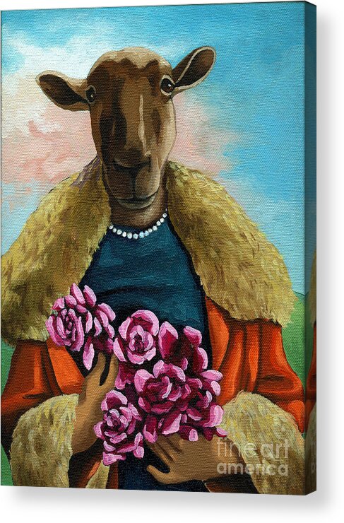 Sheep Acrylic Print featuring the painting animal portrait - Flora Shepard by Linda Apple