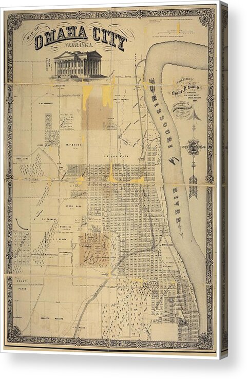Antique Omaha City Map Acrylic Print featuring the drawing Antique Maps - Old Cartographic maps - Antique Map of Omaha City, Nebraska by Studio Grafiikka