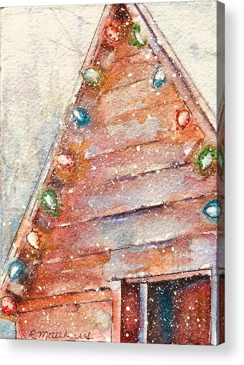 Christmas Cards By Rebecca Matthews Acrylic Print featuring the painting Barn in snow by Rebecca Matthews
