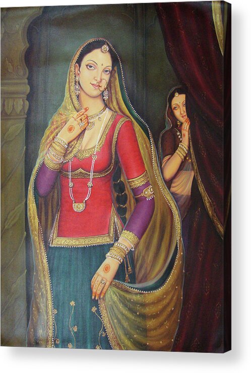 Beautiful Maharani Of Rajaput Traditional Portrait Oil Painting On Canvas Hot Indian Lady Acrylic Print featuring the painting Beautiful Maharani Of Rajaput Traditional Portrait Oil Painting On Canvas by B K Mitra