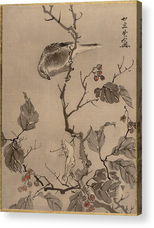 Kawanabe Kyosai Acrylic Print featuring the painting Bird and Frog by Kawanabe Kyosai
