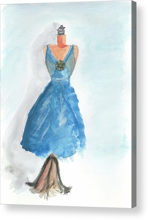 Blue Party Dress Acrylic Print featuring the painting Blue dress with vintage jewels by Lauren Serene