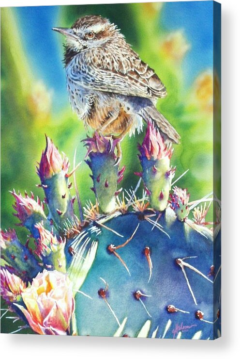Wren Acrylic Print featuring the painting Cactus Wren by Greg and Linda Halom