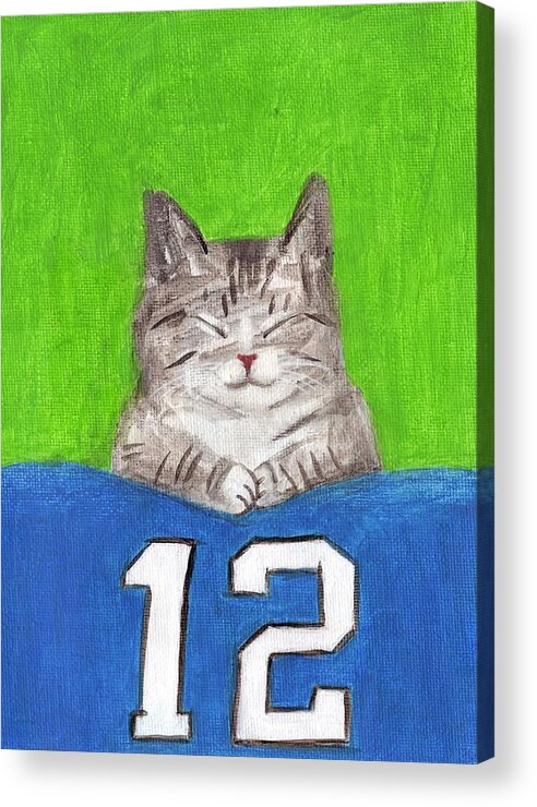 Cat With 12s Flag Acrylic Print featuring the painting Cat with 12s Flag by Kazumi Whitemoon