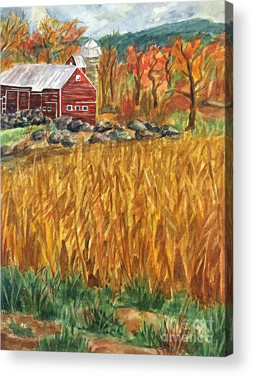 Red Barn Acrylic Print featuring the painting Red Barn And Cornfields Catskills Autumn by Ellen Levinson