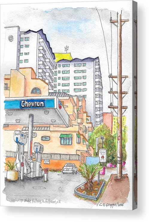 Chevron Gasoline Station Acrylic Print featuring the painting Corner La Cienega Blvd. and Hallway, Chevron Gas Station, West Hollywood, CA by Carlos G Groppa