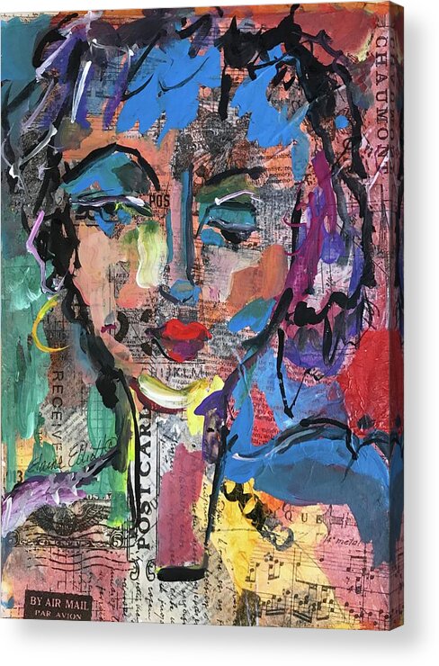 Abstract Faces Acrylic Print featuring the painting CrazyLady 2 by Elaine Elliott