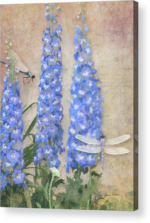 Damselfly Acrylic Print featuring the painting Dancing in the Wind - Damselfly n Dragonfly w Delphinium by Audrey Jeanne Roberts