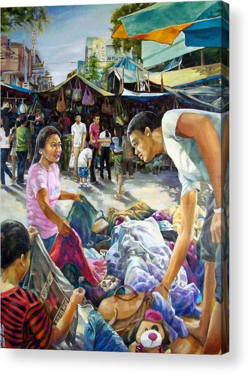 Urban Life Acrylic Print featuring the drawing Davao flea Market by Bong Perez