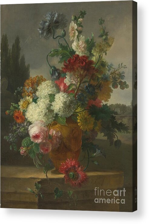 Willem Van Leen Dordrecht 1753 - 1825 Delfshaven Still Life Of Flowers In A Vase Resting On A Stone Ledge. Beautiful Flowers Acrylic Print featuring the painting Delfshaven Still Life Of Flowers In A Vase by MotionAge Designs