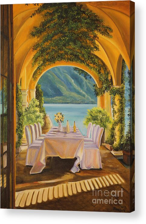 Lake Como Artwork Acrylic Print featuring the painting Dining on Lake Como by Charlotte Blanchard