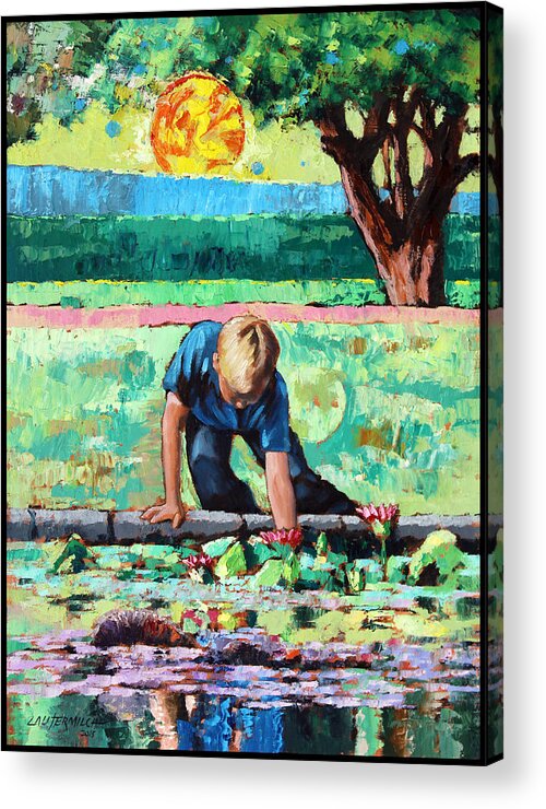 Boy Acrylic Print featuring the painting Discovering A World Of Beauty by John Lautermilch