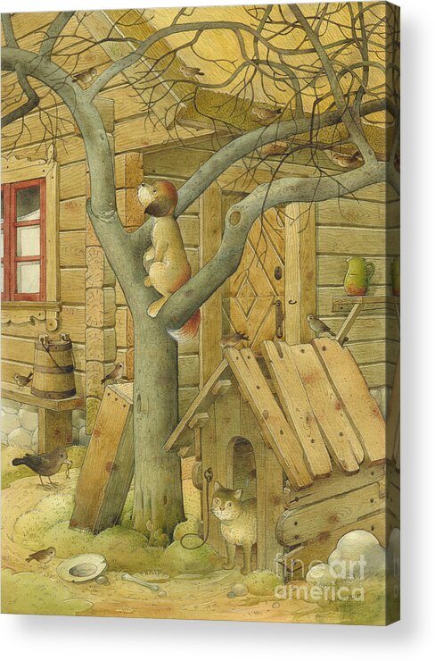 Dog Cat Village Countryside Tree Acrylic Print featuring the painting Dog and Cat by Kestutis Kasparavicius