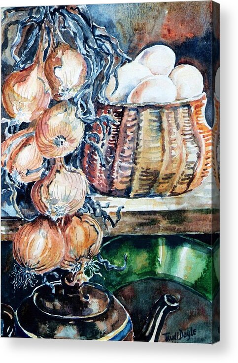 Onions Acrylic Print featuring the painting Eggs and Onions in the Larder by Trudi Doyle