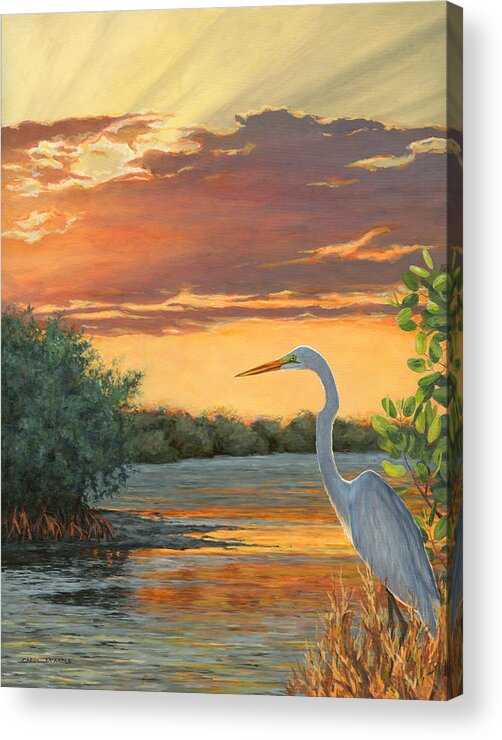 Tropical Acrylic Print featuring the painting Egret sunset by Carol McArdle