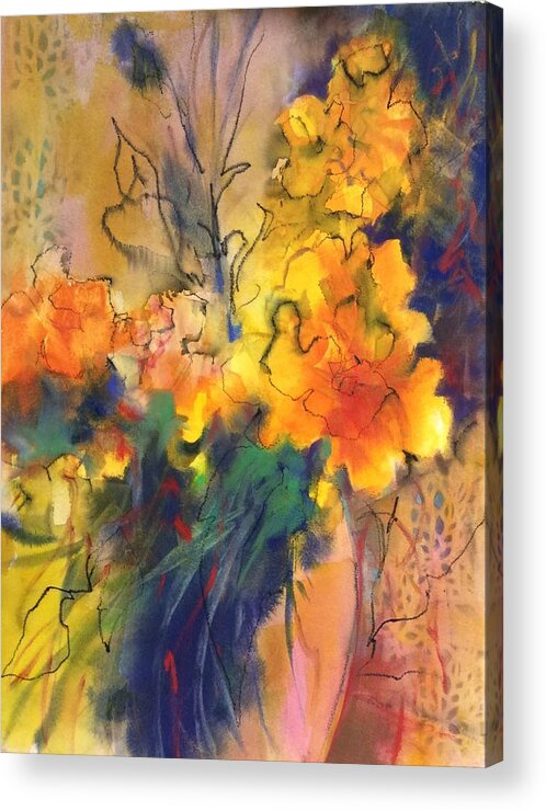 Yellow Flowers Acrylic Print featuring the mixed media Fantasy Flowers by Karen Ann Patton