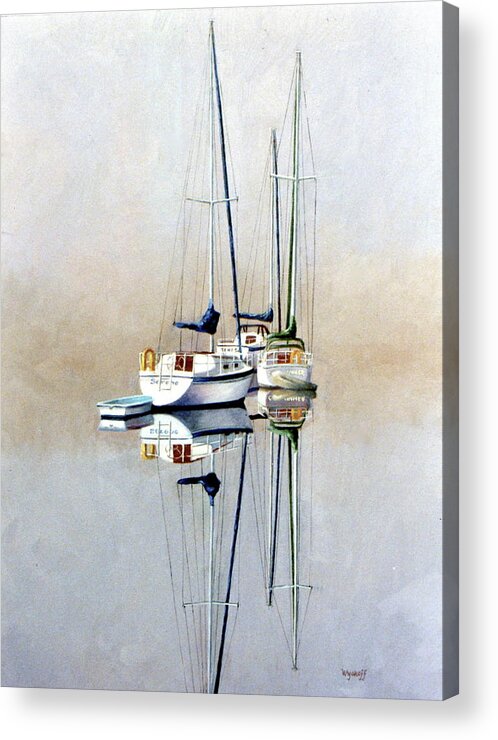 Sailboats Acrylic Print featuring the painting Foggy Morn by Karol Wyckoff