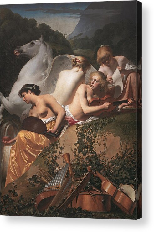 Caesar Van Everdingen Acrylic Print featuring the painting Four Muses and Pegasus by Caesar van Everdingen