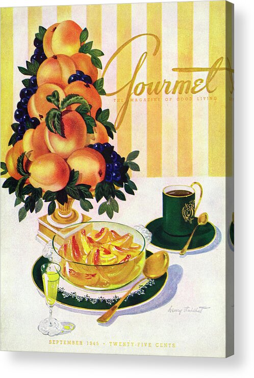 Illustration Acrylic Print featuring the photograph Gourmet Cover Featuring A Centerpiece Of Peaches by Henry Stahlhut