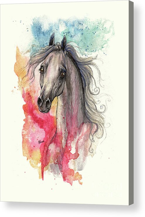 Horse Acrylic Print featuring the painting Grey Arabian Horse On Rainbow Background 2013 11 15 by Ang El