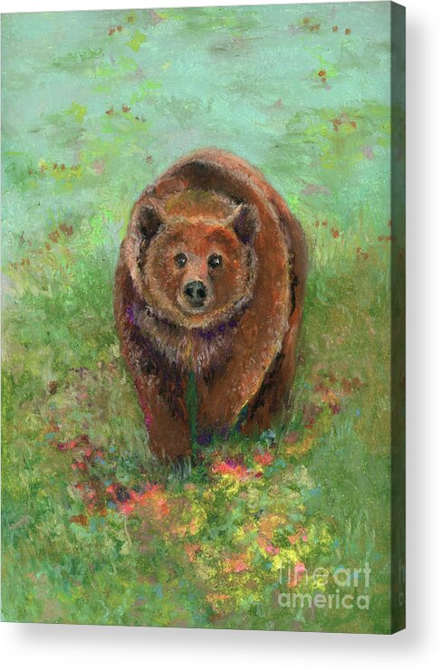 Grizzly Acrylic Print featuring the pastel Grizzly in the Meadow by Lauren Heller