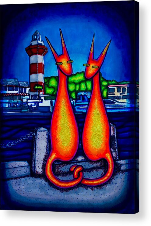 Cats Acrylic Print featuring the drawing Harbor Town Kats by Laurie Tietjen