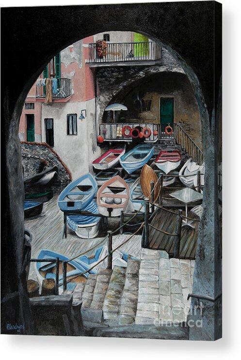 Cinque Terre Acrylic Print featuring the painting Harbor's Edge In Riomaggiore by Charlotte Blanchard