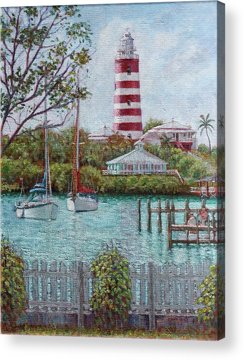Hope Town Acrylic Print featuring the painting Hope Town Lighthouse by Ritchie Eyma