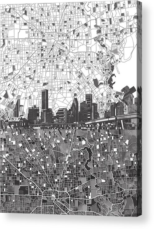 Houston Acrylic Print featuring the painting Houston Skyline Map Black And White 2 by Bekim M