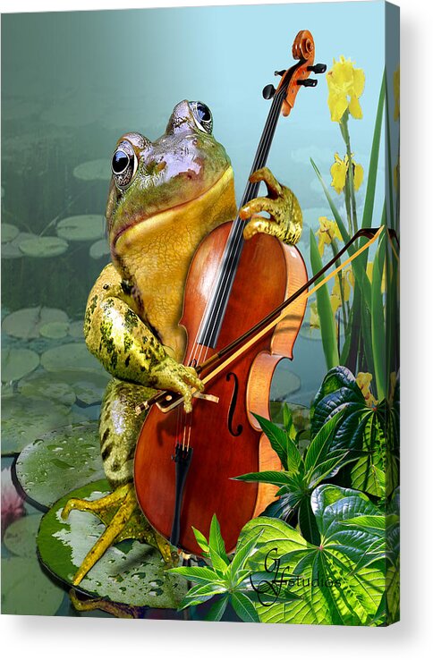 Humorous Scene Frog Playing Cello In Lily Pond Acrylic Print featuring the painting Humorous scene frog playing cello in lily pond by Regina Femrite