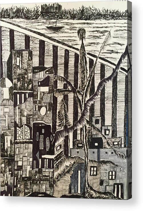 Black & White Acrylic Print featuring the drawing Imaginary Resort by Dennis Ellman
