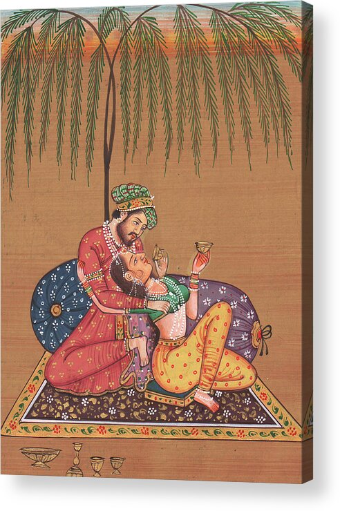 King Of India Mughal Art Of Love Kamsutra Paper Painting Artwork Acrylic Print featuring the painting King of India Mughal Art of Love Kamsutra Under the Tree Paper Painting Artwork Drawing by M B Sharma