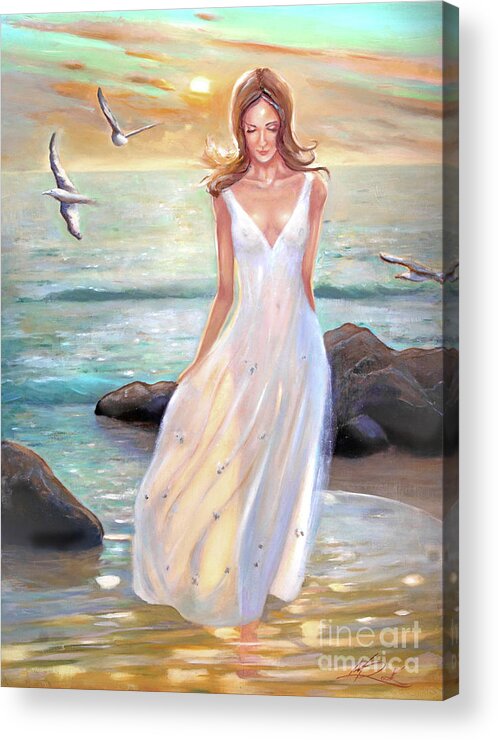 Lady Walking On The Beach Acrylic Print featuring the painting Lady walking on the beach by Michael Rock