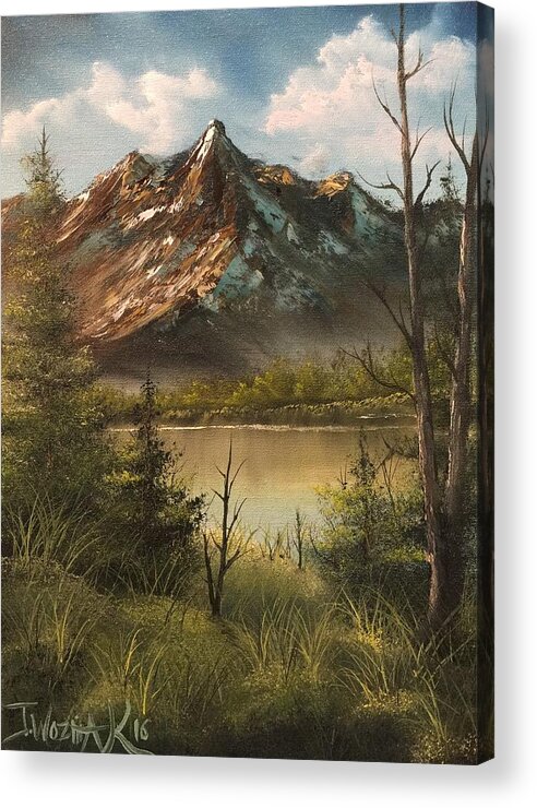 Mountain Lake Sky Trees Cloudy Sky Distant Trees Landscape Nature Acrylic Print featuring the painting Lake view mountain by Justin Wozniak