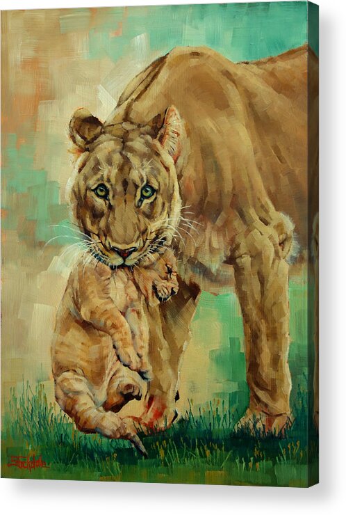 Lion Painting Acrylic Print featuring the painting Lioness And Cub by Margaret Stockdale