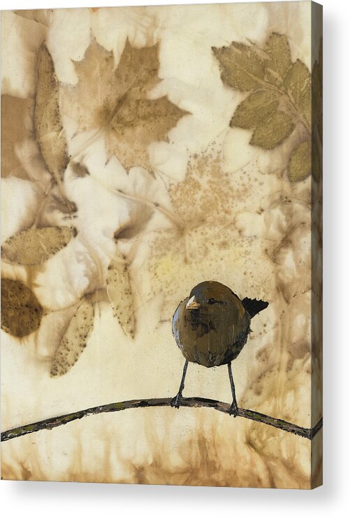 Little Bird Acrylic Print featuring the painting Little Bird On Silk With Leaves by Carolyn Doe