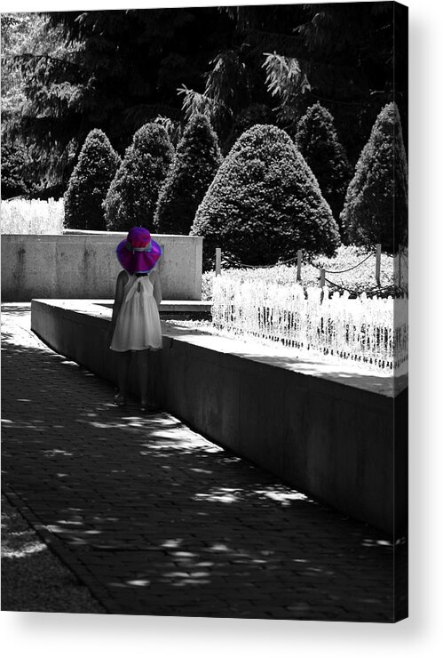 Selective Coloring Acrylic Print featuring the photograph Little Girl in Magenta Hat Black and White Selective Color by Colleen Cornelius