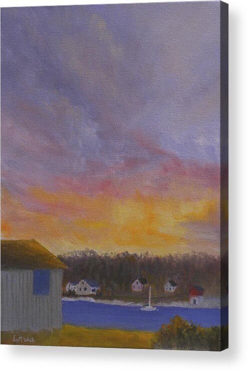 Sunrise Ocean Long Cove Maine Bristol Water Camp Sailboat Cottages Storm Clouds Chamberlain Acrylic Print featuring the painting Long Cove Sunrise by Scott W White