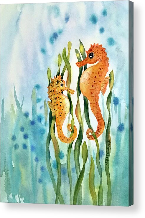 Seahorse Acrylic Print featuring the painting Mamma and Baby Seahorses by Hilda Vandergriff