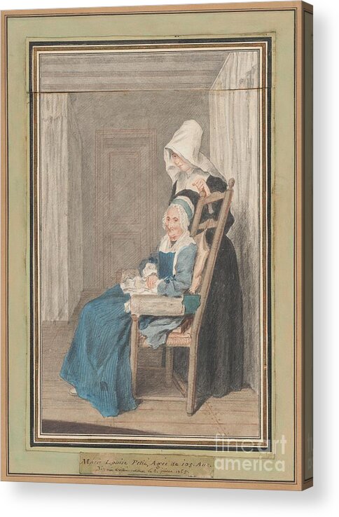  Acrylic Print featuring the drawing Marie Louise Petit At The Age Of 105, With Her Young Nurse by Louis Carrogis, Called Carmontelle
