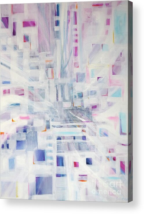 Original Painting On Canvas .mysterious And Compelling City Scape Enveloped By Mist .my Abstract Impression. Many Many Squares And Angles Acrylic Print featuring the painting Metropolis by Priscilla Batzell Expressionist Art Studio Gallery