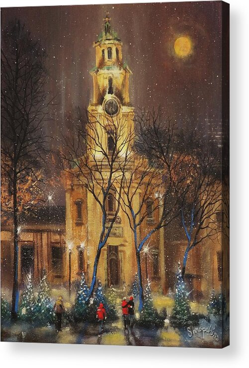 Christmas Display Acrylic Print featuring the painting Moon Over Cathedral Square by Tom Shropshire