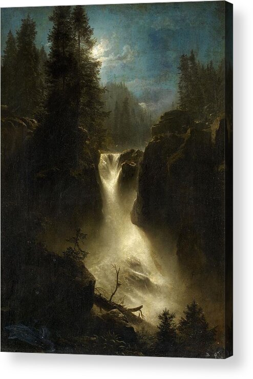 Oswald Achenbach Acrylic Print featuring the painting Moonlit Alpine Landscape by Oswald Achenbach