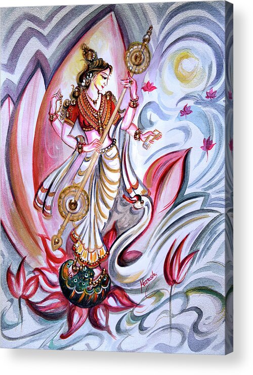 Saraswati Acrylic Print featuring the painting Musical Goddess Saraswati - Healing Art by Harsh Malik