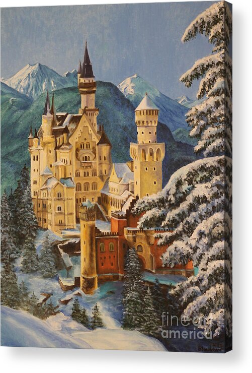Germany Art Acrylic Print featuring the painting Neuschwanstein Castle in Winter by Charlotte Blanchard