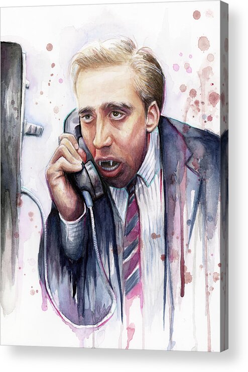 Nicolas Cage Acrylic Print featuring the painting Nicolas Cage A Vampire's Kiss Watercolor Art by Olga Shvartsur