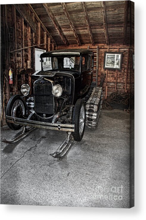 In Focus Acrylic Print featuring the photograph Old Car Snow Ski by Joanne Coyle
