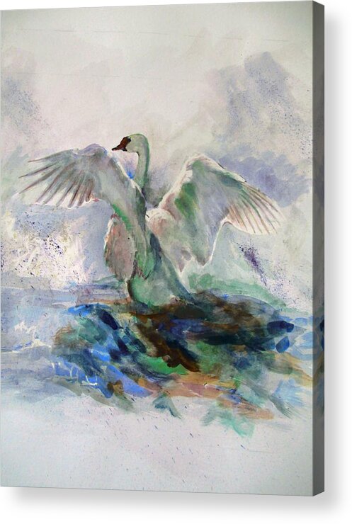 Bird Acrylic Print featuring the painting On the water by Khalid Saeed
